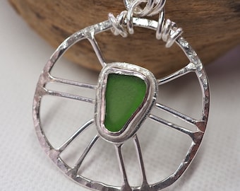 Green Sea Glass Pendant Necklace, Silver pendant with natural sea glass setting, artisan jewelry, unique design, handmade wearable art, ARC