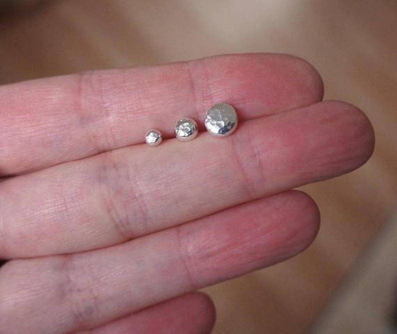 Small Round Silver Studs, Argentium silver hammered stud earrings, in stock in 3 sizes, single stud or pair, handmade by arc jewellery UK image 5