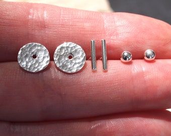 Silver Stud Earrings Set, small stud earrings, hammered silver tiny earrings, small bar earrings, minimalist studs, ARC handmade jewelry UK