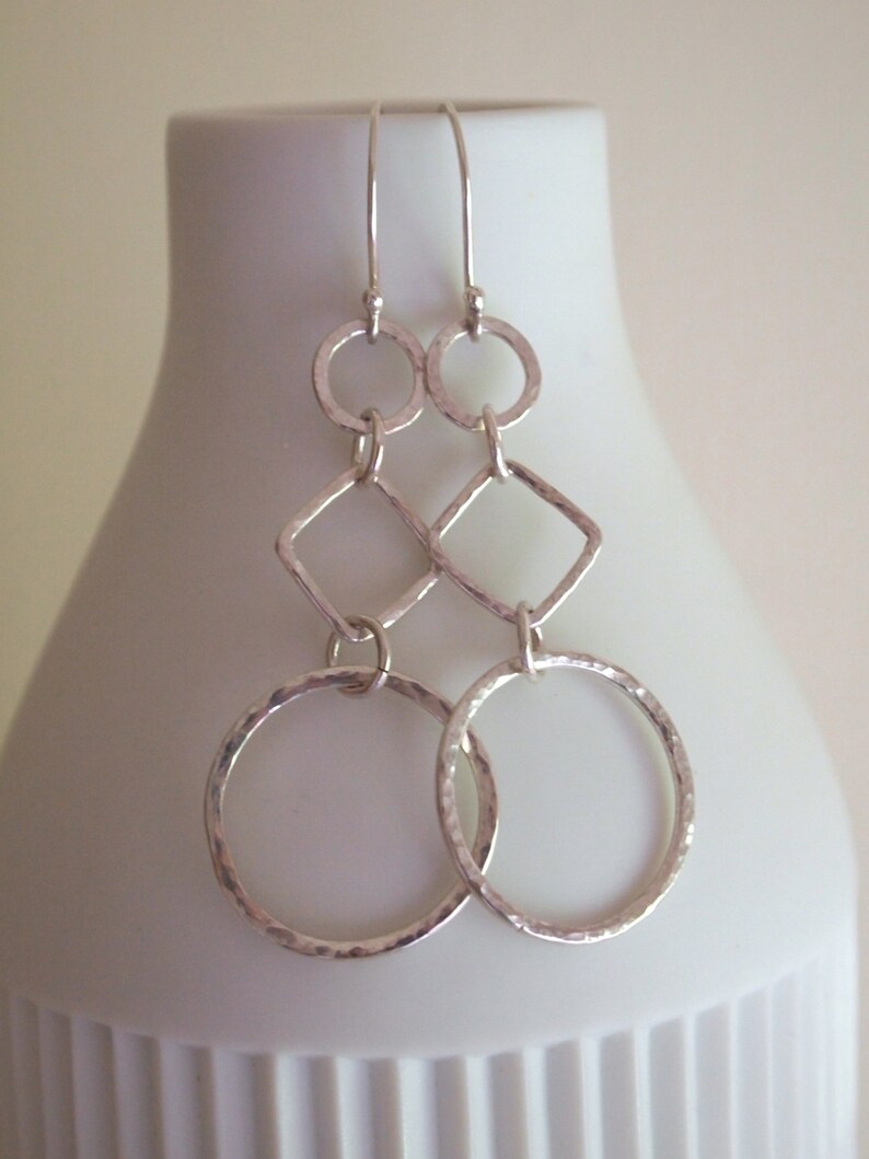 Silver dangle hoop earrings, long silver hoop earrings, hammered silver finish, handmade artisan dangle drop earrings by ARC Jewellery image 2