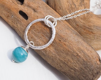 Necklace Pendant, Silver Hoop, Turquoise bead, Amazonite necklace pendant, silver pendant, hammered silver, unique handmade silver jewellery