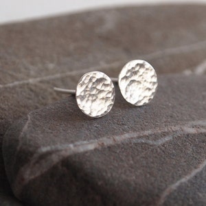 Silver disc stud earrings, round studs, sterling silver 7mm round post stud earrings + hammered texture finish, single stud available, ARC