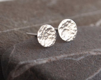 Silver disc stud earrings, round studs, sterling silver 7mm round post stud earrings + hammered texture finish, single stud available, ARC