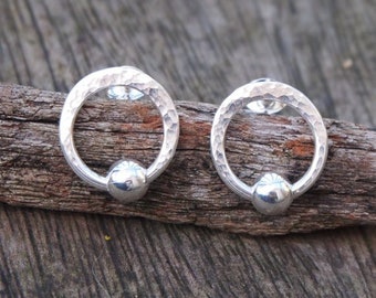 Silver ring stud earrings, hoop studs, hammered silver, silver bead, ring and ball silver studs, handmade stud earrings, ARC Jewellery UK