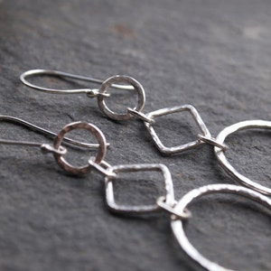 Silver dangle hoop earrings, long silver hoop earrings, hammered silver finish, handmade artisan dangle drop earrings by ARC Jewellery image 4