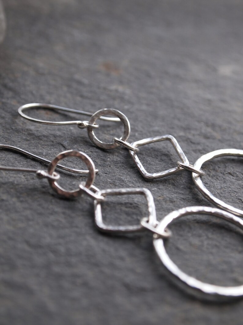 Silver dangle hoop earrings, long silver hoop earrings, hammered silver finish, handmade artisan dangle drop earrings by ARC Jewellery image 4