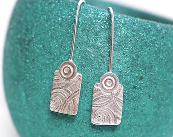 Spiral silver drop earrings, dangle silver earrings, swirly spiral pattern, Argentium Silver, Sterling Silver Dangle Drop Earrings, Handmade