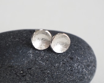 ARC Jewellery silver stud earrings, hammered silver studs, domed disc stud earrings, 7mm diameter, unisex stud earring, ARC Jewellery UK