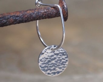silver earrings, sterling silver disc hoop earrings, handmade jewelry with hammered texture by ARC Jewellery UK