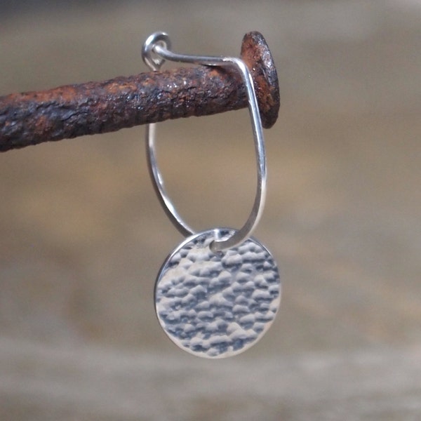 silver earrings, sterling silver disc hoop earrings, handmade jewelry with hammered texture by ARC Jewellery UK