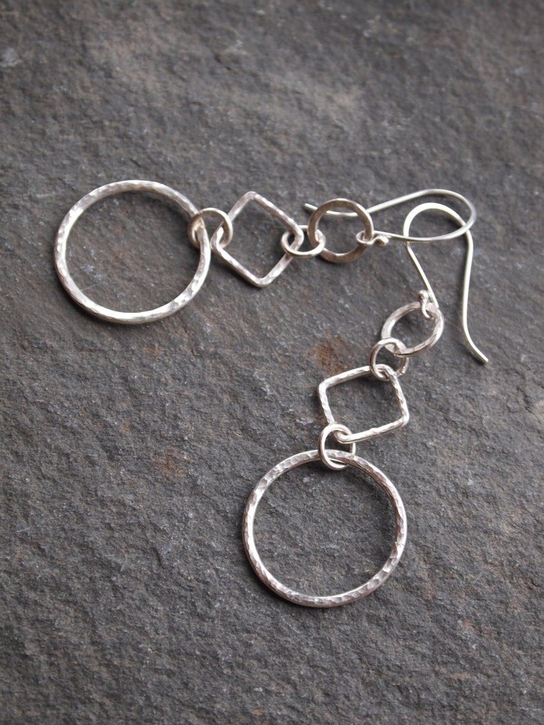 Silver dangle hoop earrings, long silver hoop earrings, hammered silver finish, handmade artisan dangle drop earrings by ARC Jewellery image 5
