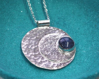 Blue moon silver pendant necklace, hammered silver, sterling silver, hallmarked silver, moon pendant full moon, crescent moon, blue sodalite