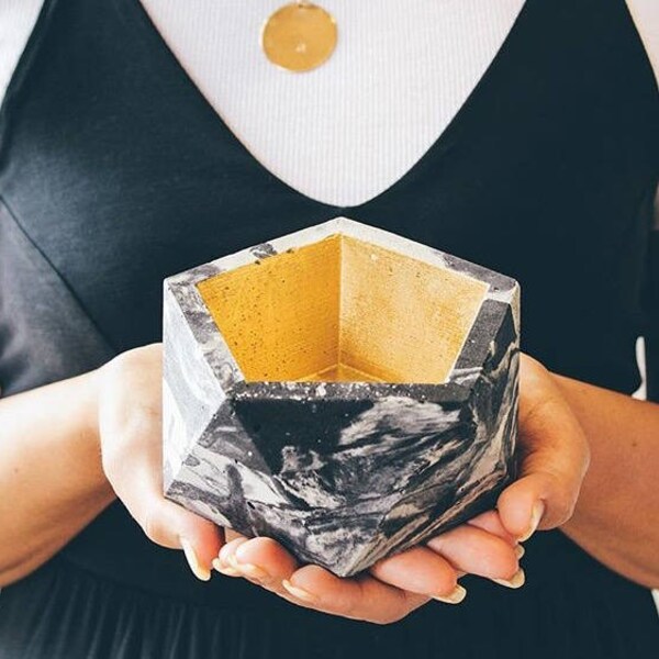 Large Marbled Concrete Dish with Metallic Detail - Icosahedron ll Planter - Geometric Candleholder - Tray