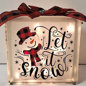 Lighted Snowman Glass Block: Buffalo Plaid Ribbon Decor