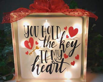 Lighted Glass Block: Valentine's Day Love Gift with Red Ribbon