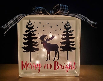 Lighted Christmas Glass Block: Buffalo Plaid Bow, Holiday Decor