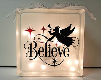 Lighted Christmas Glass Block: Angel Believe Vinyl Decal Decor