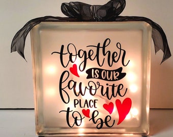 Lighted Glass Block: Valentines Day Love Gift with Rhinestone Ribbon