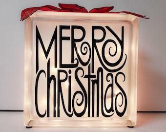 Lighted Christmas Glass Block: Frosted Cube Decor with Red Ribbon