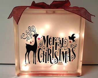 Lighted Christmas Glass Block: Frosted Cube with Red Ribbon