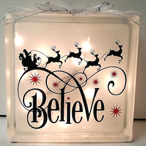 Lighted Christmas Glass Block: Believe, Sleigh & Reindeer Decor