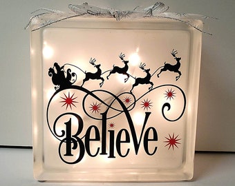 Lighted Christmas Glass Block: Believe, Sleigh & Reindeer Decor