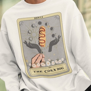Moletom de cachorro de milho, moletom de cartão de tarô de cachorro de milho, suéter Corndog Foodie Jumper presentes para amantes de comida