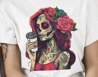 Koffie Sugar Skull Shirt, Day of the Dead koffie T-shirt Mexicaanse Halloween koffieliefhebber geschenken Dia De Los Muertos Sugar Skull Tee