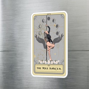 May include: A tarot card with a yellow background and a gray illustration of a woman pole dancing. The card is titled "The Pole Dancer" and has the Roman numeral "XXVIII" in the top right corner.