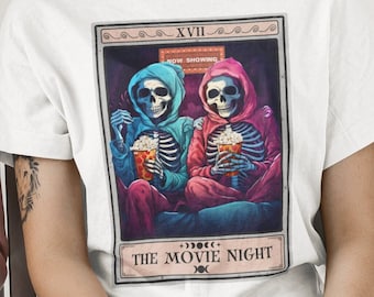 Movie Night Tarot Card T-Shirt: Skeleton Popcorn Party Tee