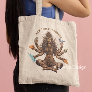 New York Tote Bag, New York Goddess Tote Bag 15" x 16" New York Vacation Canvas Tote Bag New Yorker Bag