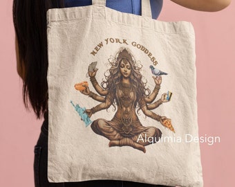 New York Tote Bag, New York Goddess Tote Bag 15" x 16" New York Vacation Canvas Tote Bag New Yorker Bag