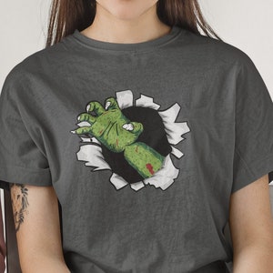 Halloween Shirt Zombie Shirt, Halloween Monster Shirt, Halloween Monster Shirt Zombie Hand Rip Hole Halloween T-shirt Gift Ripped Shirt