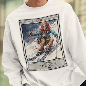 Ski Sweatshirt Skier Tarot Card Sweatshirt, Skeleton Skiing Gift For Skier Gifts