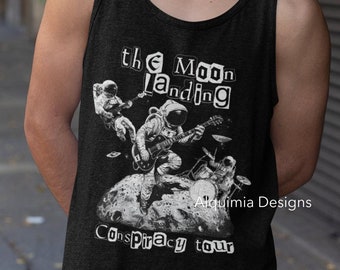 La camiseta sin mangas del tour de la teoría de la conspiración del alunizaje, camisa divertida de las teorías de la conspiración OVNI de la Tierra Plana