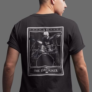A camisa do cartão de tarô do baterista, impressão traseira tambor jogador camiseta baterista camisa tambor presentes tambores professor presente baterista tshirt
