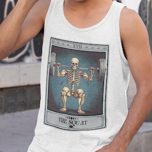 Camiseta sin mangas con la carta del tarot en cuclillas, Camiseta sin mangas divertida para gimnasio, Camiseta sin mangas para entrenamiento, Camiseta de gimnasio, Camiseta para el día de la pierna, Camiseta para Crossfit