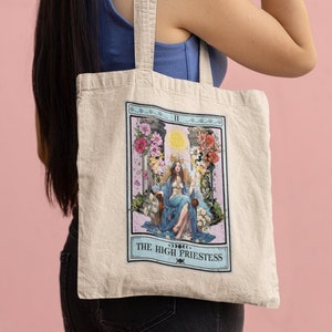 Bolsa de mano de la alta sacerdotisa, bolsa de mano de la tarjeta del tarot, regalo para los amantes del tarot regalos bolsa de mano de lona 15" x 16"