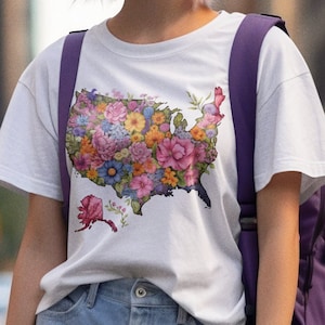 Flowers US Map Shirt, United States Flower Shirt USA Map Shirt American Flowers Lover Gift