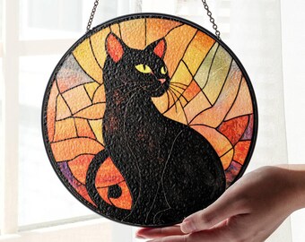 Black Cat Suncatcher: Faux Stained Glass Window Hanging