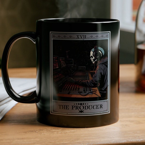 Music Producer Gift Black Mug, The Producer Tarot Card Mug, Music Recording Studio Gifts Music Producer Gift Audio Engineer 11oz Black Mug