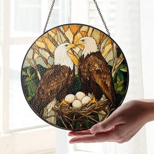 Eagle Stained Glass Sun Catcher Eagle Couple with Egg  LightCatcher Bird Lover  Window Hanging Home Decoration Gift
