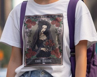 Camisa de cartão de tarô de noiva bruxa, camisa de noiva bruxa tarô festa de despedida de solteira celestial bach presente de festa chá de panela senhora noiva dia das bruxas