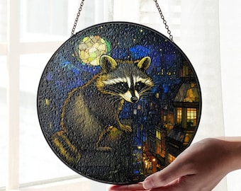 Raccoon At Night Faux Stained Glass Suncatcher - Home Decor