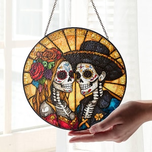 Dia De Los Muertos Sugar Skull Vitrail attrape-soleil Couple Jour des morts attrape-lumière Suspendu Halloween Calavera Décoration d'intérieur