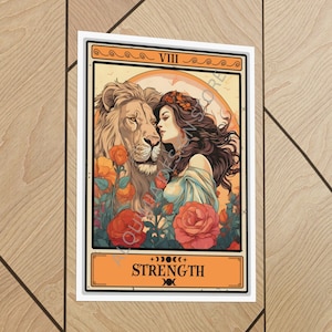 Impresión del cartel de la tarjeta del tarot de la fuerza, impresión de la tarjeta del tarot, cartel del arte de la pared del tarot de la fuerza