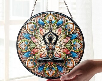 Yoga Stained Glass Suncatcher: Namaste Pose Window Decor