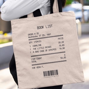 Book List Receipt Tote Bag, Personalized Book Lover Gifts For Librarian Gift, Custom Book List Tote Bag, Book Themed Tote Bag Canvas image 1