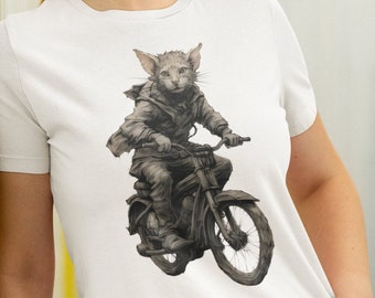 バイク猫シャツ、面白い猫Tシャツ、猫好きシャツ、ビンテージバイクTシャツ、猫バイカーTシャツ