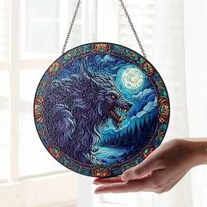 Werewolf Stained Glass SunCatcher Werewolf LightCatcher Cryptid Window Hanging Home Decoration Cryptozoology Mythical Creature Decor